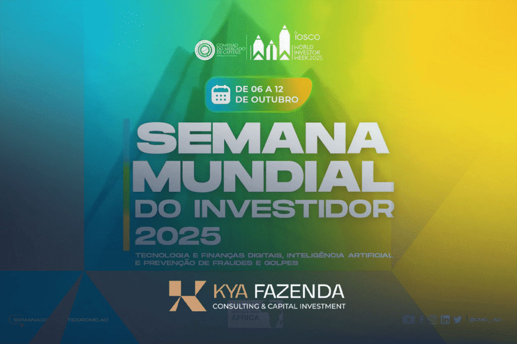 Evento da Semana Mundial do Investidor em Angola com profissionais e estudantes a participar em sessão de literacia financeira.